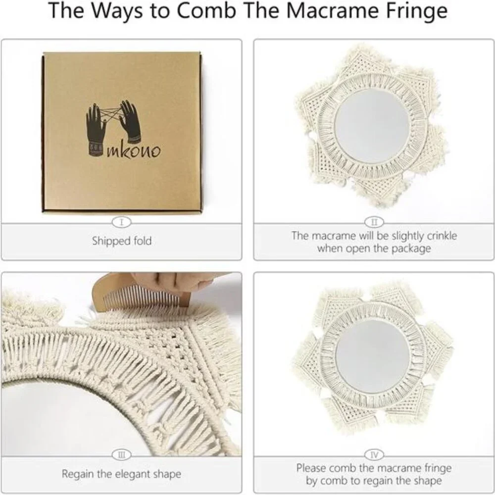 Boho Wall Mirror Decor Round Macrame Hanging Wall Art Decoration for Bedroom